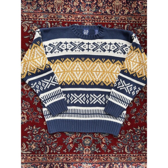 VINTAGE Gap Sweater Men’s M Blue Yellow Chunky Knit Wool Nordic Birdseye - Picture 1 of 6